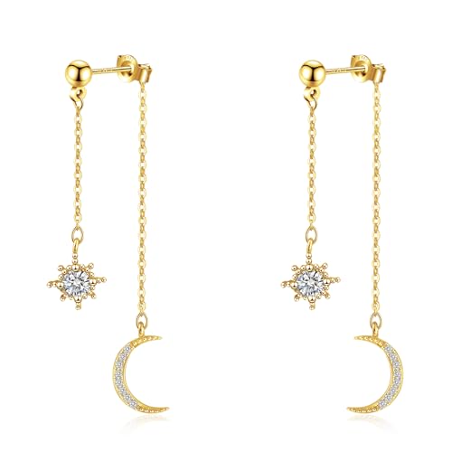 Moon and Star Dangle Earrings | Chain Tassel with Cubic Zirconia Drop Front and Back Earrings Celestial Jewelry for Wedding Gift - color: Gold