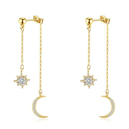 Moon and Star Dangle Earrings | Chain Tassel with Cubic Zirconia Drop Front and Back Earrings Celestial Jewelry for Wedding Gift - color: Gold