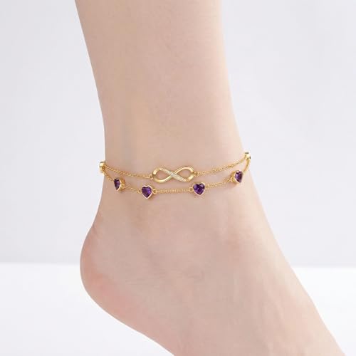 Prismata Infinity Birthstone Charm Link Bracelet/Anklet 925 Sterling Silver Adjustable 12 Months Birthstone Infinity Bracelet/Anklet Birthday Jewelry Gifts for Women Her - color: 02-February, size: 7'+2' Bracelet-18K Gold Plated