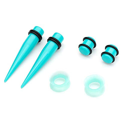 50-Piece Ear Gauges Stretching Kit, 14G-00G | Acrylic tapers and plugs with soft silicone tunnels, body piercing jewelry for women and men - color: Turquoise