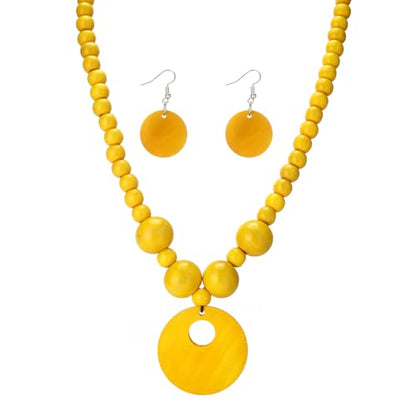 LOTSOF Boho Wooden Beaded Necklace and Earring Set for Women, Bohemian Chunky Statement Costume Jewelry, Round Drop Pendant Retro Ethnic Accessories Ladies Gift - color: Yellow