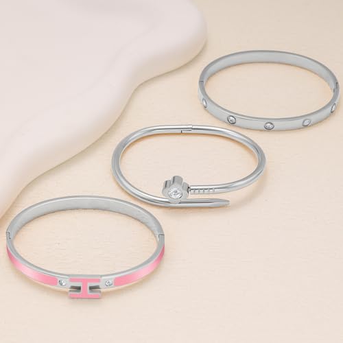 3Pcs Gold Bracelets for Women 14K Gold Plated Love/H/Nail Bangle Bracelet Dainty Non Tarnish Bracelet Jewelry Christmas Mothers Day Gifts for Women - color: 3Pcs Silver/Pink H bracelet