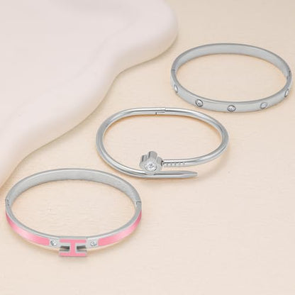 3Pcs Gold Bracelets for Women 14K Gold Plated Love/H/Nail Bangle Bracelet Dainty Non Tarnish Bracelet Jewelry Christmas Mothers Day Gifts for Women - color: 3Pcs Silver/Pink H bracelet