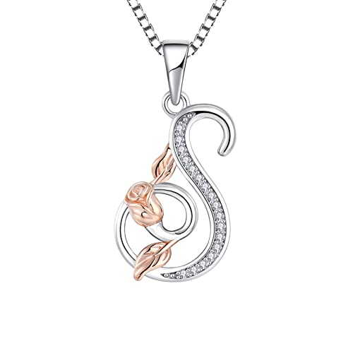 STARCHENIE Initial Necklace for Women Sterling Silver Letters 26 Alphabet Pendant Rose Flower Jewelry Gifts for Family Sisters Friend - color: S