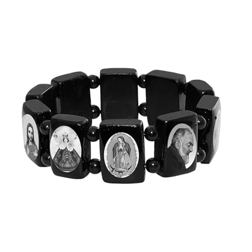 Catholica Shop Devotional Catholic Religious Wood Stretch Bracelets. Small and Large Panels with Assorted Images of Saints, Jesus and Mary. Unisex. Handcrafted in Brazil - style: B&W L Panel