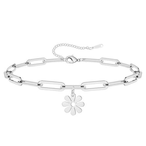 Dreamtimes Daisy Flower Anklets for Women Leaf Anklet Dainty Beach Anklet Jewelry Stainless Steel Adjustable Foot Chain Summer Boho Charm Foot Ankle Bracelet Jewelry - color: Daisy-Silver