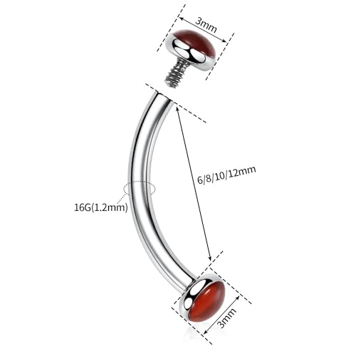 GAGABODY Titanium Eyebrow Jewelry - Curved Barbell & Labret Stud, 16g - Belly Button Ring & Cartilage Earring - Opal Bridge Jewelry - color: 1Pc-Silver+Red Agate-Disc Shape