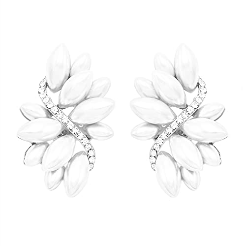 Rosemarie Collections Women's Dazzling Crystal Marquis Leaf Cluster Statement Clip On Earrings, 1.87" - style: White Faux Pearl Silver Tone