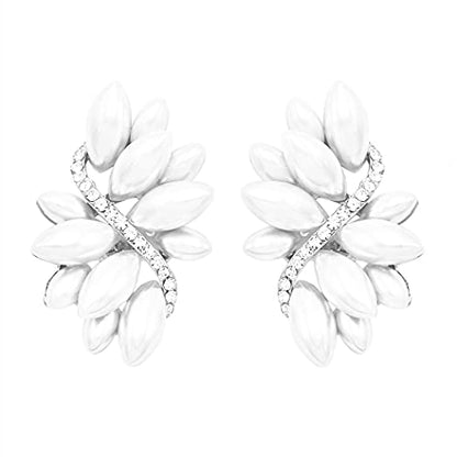 Rosemarie Collections Women's Dazzling Crystal Marquis Leaf Cluster Statement Clip On Earrings, 1.87" - style: White Faux Pearl Silver Tone