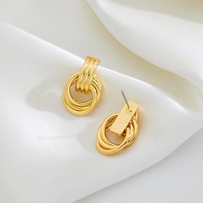 Gold Chunky Earrings for Women Geometric Knot Link Drop Dangle Earrings 14K Gold Plated Statement Earrings Trendy Gold Jewelry - color: Style 8-Gold