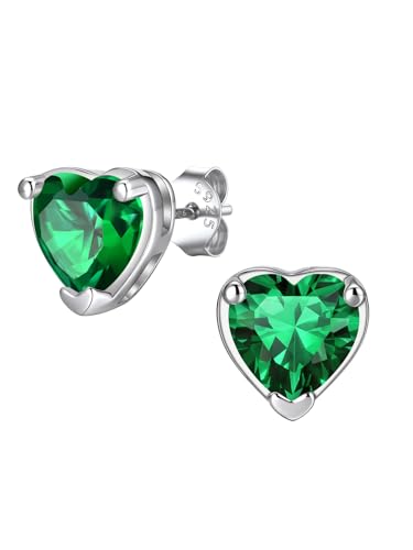 FindChic 2 Carat Birthstone Stud Earrings for Women, Round/Heart/Princess Cut Stud Earrings, Hypoallergenic Studs with 925 Sterling Silver Posts, 12 Months Birthday Jewelry Gift - color: 05. May-Emerald(Heart Cut)