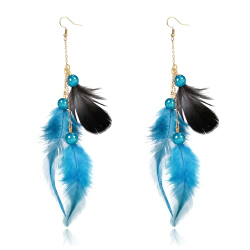 Boho Long Feather Earrings for Women,Lightweight Long Tassel Feather Drop Earrings with Beads, Boho Ethnic Tribal Earrings in Black Turquoise Red, Vintage Jewelry for Party Prom Festival - color: blue