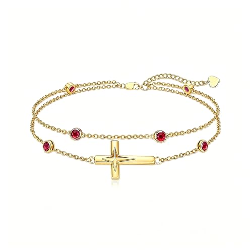 Midari 18K Yellow Gold Gemstone Birthstone Anklet Bracelet Cross Jewelry with 12 Months Birthstone Birthday Gifts for Women Wife Her Daughter Mom - color: 01-Jan-Garnet, size: Bracelet 7"-9"