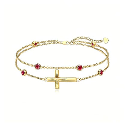 Midari 18K Yellow Gold Gemstone Birthstone Anklet Bracelet Cross Jewelry with 12 Months Birthstone Birthday Gifts for Women Wife Her Daughter Mom - color: 01-Jan-Garnet, size: Anklet 9"-11"