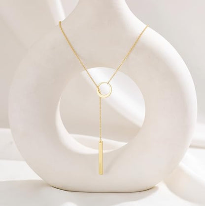 CHESKY Lariat Gold Necklace for Women, Dainty Long Necklace 14k Gold Plated Y-Shaped Pendant Necklace Trendy Layered CZ Beaded Chain Drop Necklaces Simple Gold Jewelry for Women Gifts - color: Circle