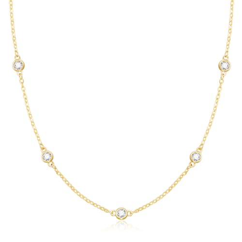 Dainty Silver Gold Necklaces for Women Cute Station Choker Simulated Diamond Necklace Simple Layering CZ Necklace Trendy Jewelry Gifts - color: Gold, style: 5pcs Round CZ-Cable Chain