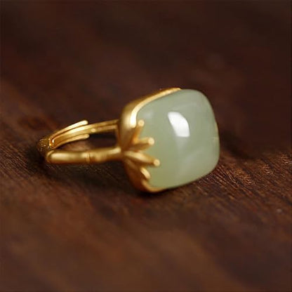 Vintage Green Bamboo Hetian Jade Statement Ring for Women Delicate Chinese Style Handmade Gemstone Adjustable Open Wrap Finger Band Fashion Cocktail Party Stacking Rings Elegant Wedding Jewelry