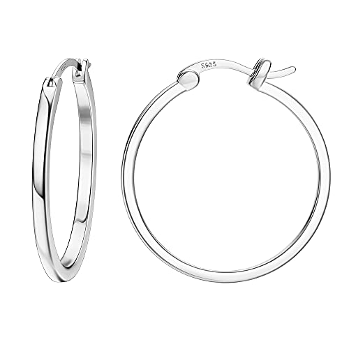 18K Gold Plated Hoop Earrings - 925 Sterling Silver Hoop Earrings Womens Hypoallergenic Hoops | Square Tube Hoop Earrings for Women 15mm/20mm/30mm/40mm - color: Silver 30mm