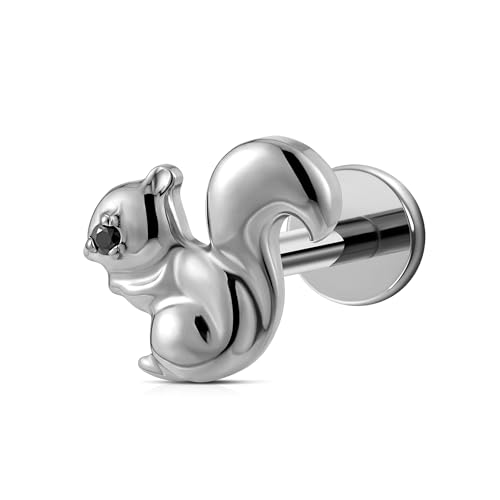 FINE4U Cartilage Christmas Piercing Jewelry 16G 6mm 8mm - ASTM F136 Titanium, Flat Back Labret Stud for Helix Flat Lobe, Elk Minimalist Earring, Squirrel Earrings - color: Squirrel - Tit