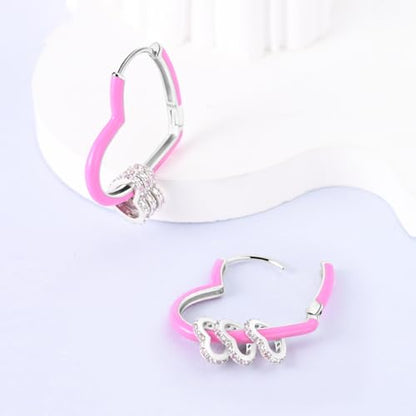 Parmuz 925 Sterling Silver Earrings Hoops for Women Ladies Simple Lightweight Twisted Medium Hoop Earrings With Cubic Zirconia Hypoallergenic Jewelry for Her - color: Pink double heart earring