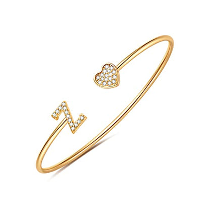 Gold Bracelets for Women Teen Girls, 14K Gold Plated Initial Heart Bangle | Adjustable Open Cuff Bracelet, Dainty Letter Jewelry, Daughter Sister Bridesmaid Friend, Birthday Christmas Graduation Gift - color: Z