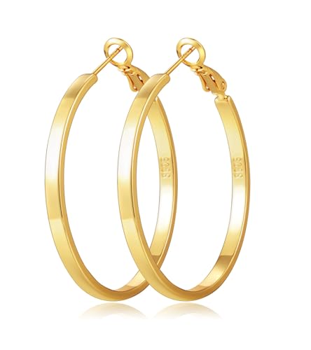 Lightweight 925 Sterling Silver Post Hoop Earrings for Women | 3mm Wide Hypoallergenic Thin Large Hoop Earrings for Women Gift 30/40/50/60mm - size: 40mm Gold