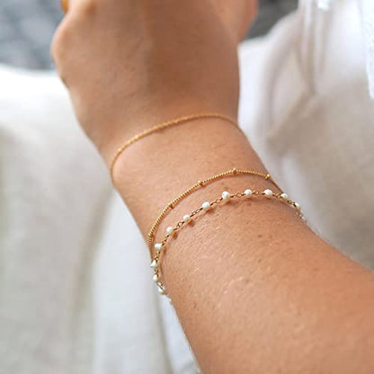 Womens Dainty Gold Chain Bracelet,Simple Layered Chain Bracelets,Beaded Turquoise Bracelet,Charm Crystal Bar,Heart,Karma,Triangle,Pearl Bracelets for Women - color: Satellite-Gold