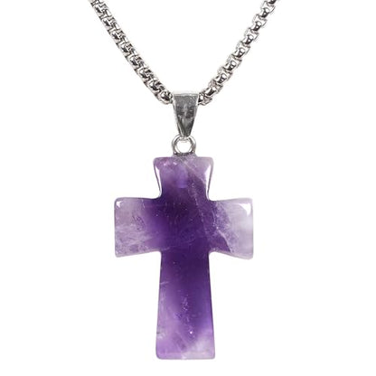 Justinstones 32mm Gemstone Carved Cross Reiki Chakra Pendant With Stainless Steel Necklace 22 Inch - color: Amethyst