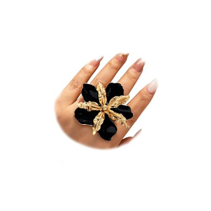Retro Large Gold Leaves Black Red Enamel Flower Ring for Women Jewelry Gift | Bold Oil Drip Light Red Floral Irregular Petals Statement Gold Leaf Joint Finger Ring Punk Vacation Y2k Party Boho Accessory - color: Black