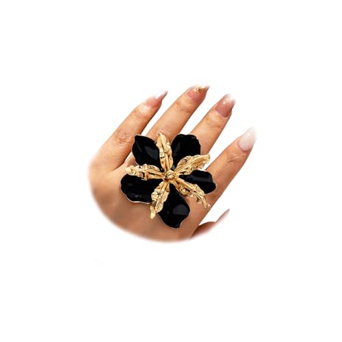 Retro Large Gold Leaves Black Red Enamel Flower Ring for Women Jewelry Gift | Bold Oil Drip Light Red Floral Irregular Petals Statement Gold Leaf Joint Finger Ring Punk Vacation Y2k Party Boho Accessory - color: Black