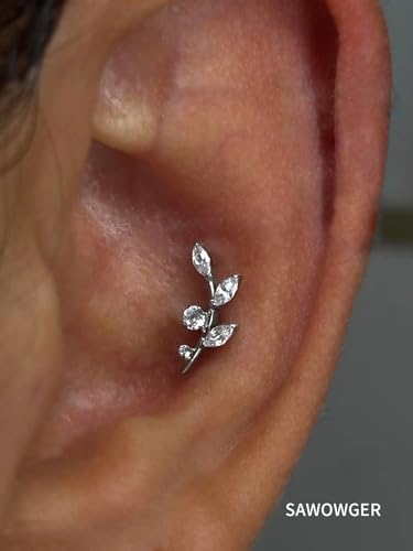 16G Titanium Flat Back Earrings for Women Conch/Helix/Foward Helix/Tragus/Hypoallergenic Piercing Jewelry Internal Thread Cartilage Stud Gold Silver CZ Branch Earrings - color: Silver-For Wearer Left Ear