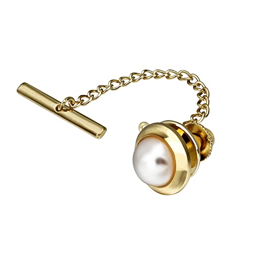 AMITER Crystal/Pearl Tie Tack with Chain, Gold Mens Tie Pin Necktie Pins Lapel Pin for Wedding Birthday Anniversary Party - color: 24k Gold+Silver Imitation Pearl