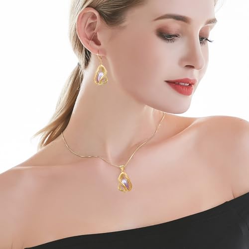 Pearl Jewelry Set For Women S925 Sterling Silver/14K Gold Plated Necklace & Earrings Set Freshwater Pearl Pendant Cage Set for Wedding Anniversary Prom Birthday Gift - color: Golden-Purple