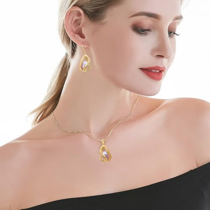 Pearl Jewelry Set For Women S925 Sterling Silver/14K Gold Plated Necklace & Earrings Set Freshwater Pearl Pendant Cage Set for Wedding Anniversary Prom Birthday Gift - color: Golden-Purple