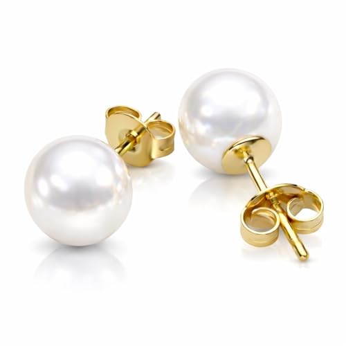AAA+ Real Freshwater Pearl Stud Earrings, Sterling Silver Hypoallergenic | Hand-Matched White Round Pearls, 925 Silver Posts & Backs, Smooth High-Luster Surface, Soule Pearl Gift Box - color: 14K Gold Plated, size: 8.0-8.5mm