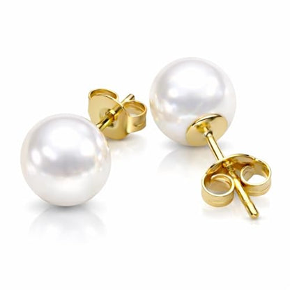 AAA+ Real Freshwater Pearl Stud Earrings, Sterling Silver Hypoallergenic | Hand-Matched White Round Pearls, 925 Silver Posts & Backs, Smooth High-Luster Surface, Soule Pearl Gift Box - color: 14K Gold Plated, size: 7.0-7.5mm