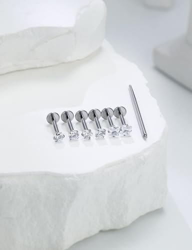 20G 18G 16G Astm F136 Titanium Internal Thread Flat Back Earrings Nose Studs Tragus Helix Conch Cartilage Lobe Earrings Medusa Labret Snake Bite Monroe Lip Ring Piercing Jewelry For Women Men - color: Clear, size: 20G-10MM Bar-CZ 3MM