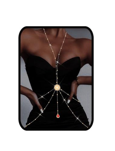 Gold Body Chain for Women Layered Rhinestone Waist Chains Summer Beaded Bra Body Jewelry Gifts - color: Red
