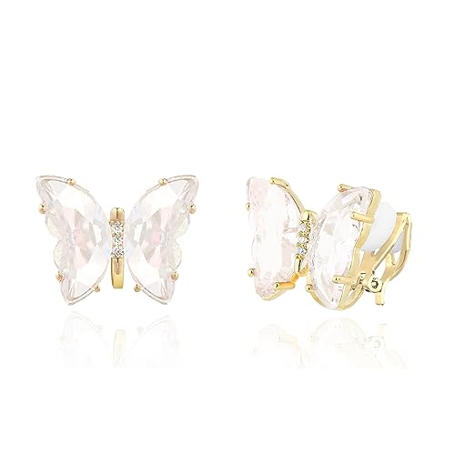 YOQUCOL Butterfly Shape Crystal Clip On Earrings Non Pierced Golden Stud for Women - color: Transparent