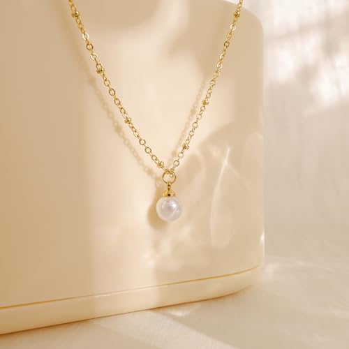 Pearl Necklaces for Women Trendy,Dainty Pearl Pendant Necklace | 14k Gold Plated Elegant Pearl Necklace,Simple Pearl Pendant,Dainty Gold Jewelry,Waterproof Summer Bridal Wedding Accessories - color: GOLD-16