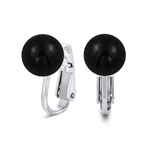 Classic Genuine Birthstone Ball Clip On Earrings .925 Sterling Silver 8MM - color: Black