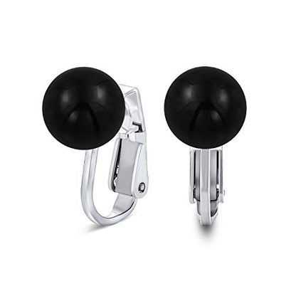 Classic Genuine Birthstone Ball Clip On Earrings .925 Sterling Silver 8MM - color: Black