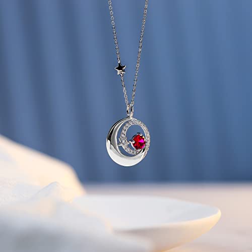 FANCIME Birthstone Necklaces 925 Sterling Silver Moon and Star Pendant Fine Jewelry Birthday Mothers Day Gifts for Mom Wife Her Daughter, Adjustable Chain 16+2" - color: Jul.- Ruby