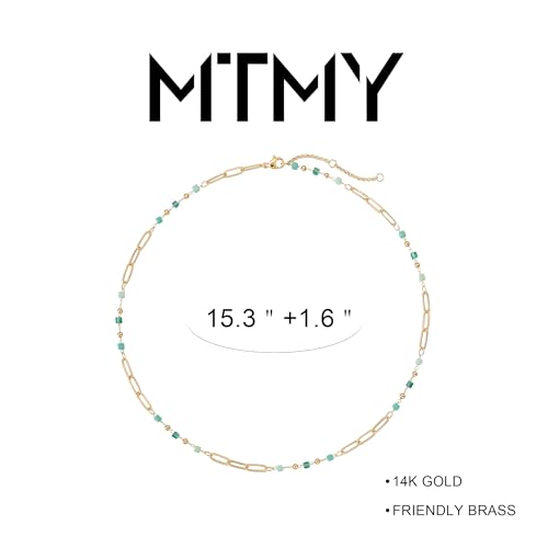 MTMY Beaded Necklaces for Women 14K Gold Plated Dainty Colorful Green/Rose Beaded Pearl Choker Necklace Delicate Boho Choker Necklace Jewelry Gift - style: beads paper clip
