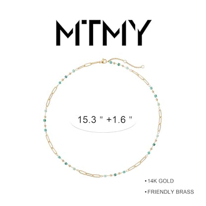 MTMY Beaded Necklaces for Women 14K Gold Plated Dainty Colorful Green/Rose Beaded Pearl Choker Necklace Delicate Boho Choker Necklace Jewelry Gift - style: beads paper clip