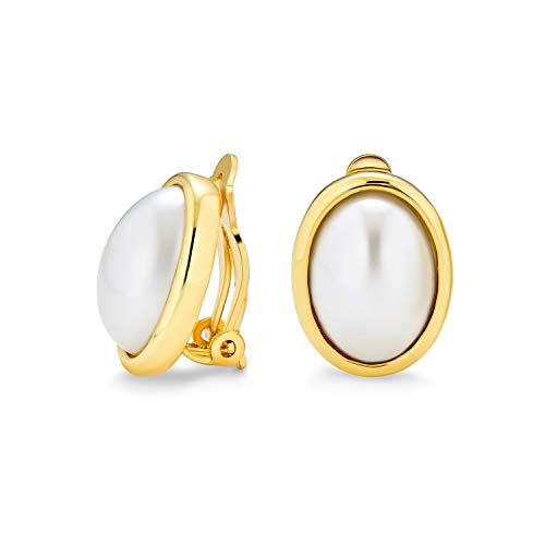 Classic Faux White Pearl Cabochon Bezel Oval Clip On Earrings For Women For Non Pierced Ears 14K Yellow Gold Plated