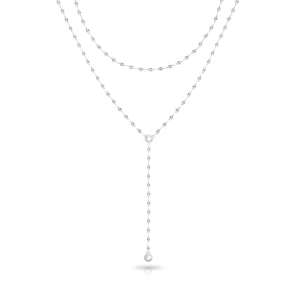 Zeffy Lariat Gold Necklace for Women, Dainty Long Necklace 14k Gold/Silver Plated Layered CZ Beaded Bar Chain Y-Shaped Body Chain Stack Drop Wedding Necklace Trendy Simple Gold Jewelry Gifts - color: Silver CZ Layered Y Necklace(1PCS)