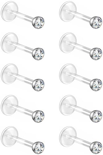 Bioflex Labret Plastic Lip Piercing Jewelry for Monroe, Medusa, Ashley and Cartilage Piercings, Tragus, Conch, Helix, Daith - 16g Clear Post Studs with Push-In CZ Crystals - color: Clear, size: 6mm