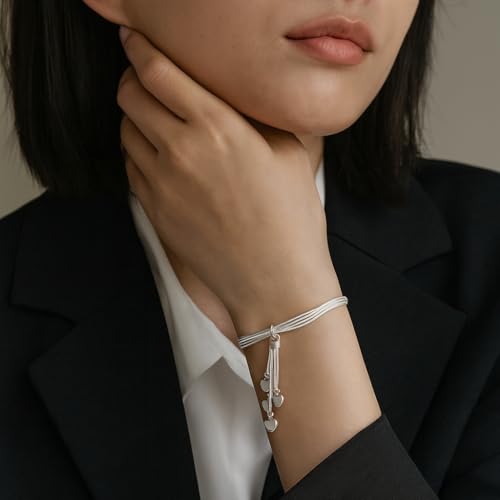 925 Sterling Silver Multi-Strand Five Heart Charm Bracelet, 5 Dangling Hearts, Silver