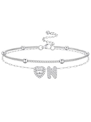 Bestyle Initial Anklet Bracelets for Women Waterproof Non Tarnish 14K Gold/White Gold Plated CZ Anklets for Women Dainty Layered Letter Heart Ankle Bracelets Adjustable Foot Chain Anklet - color: N